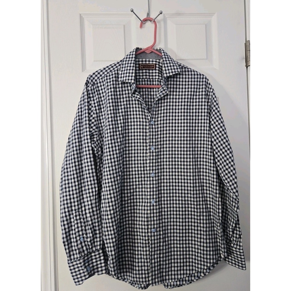Patrick James Mens Long Sleeve Shirt Size Medium Plaid Navy & White